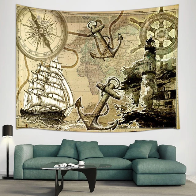 Extra Large Tapestry Wall Hanging Medieval Warship Nautical World Map Fabric Art