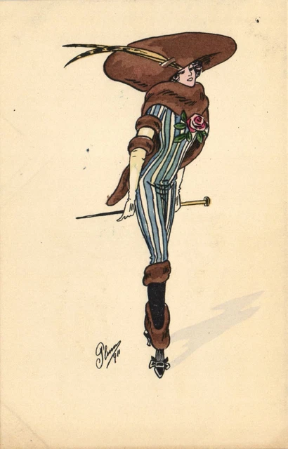 Carte Postale Vintage - Glamour Lady, Chapeau - Signée Par L'Artiste (b51848)