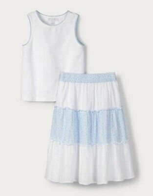 The Little White Company Girls Tiered Skirt & Top Set Age 2-3 Years White & Blue