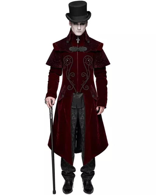 Devil Fashion Hommes Long Gothique Manteau Veste Rouge Velours Damas Steampunk 3