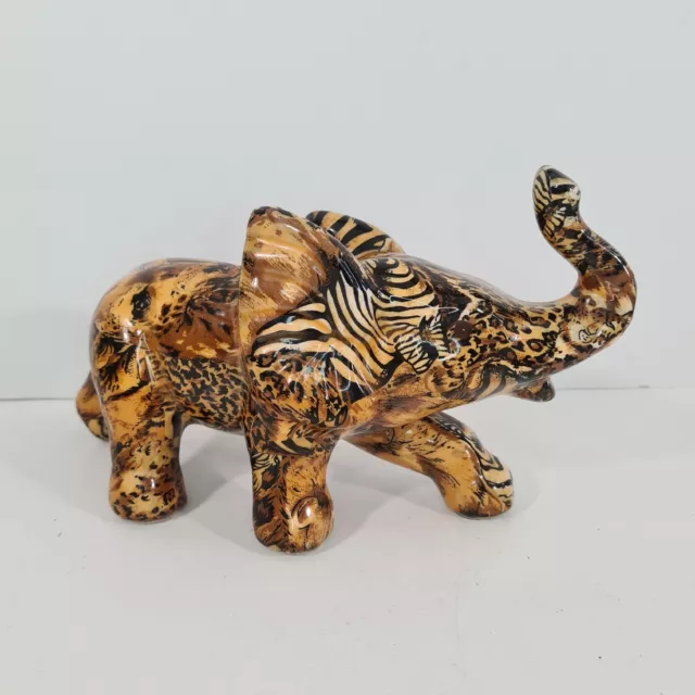 Vintage Glazed Porcelain Elephant Figurine Safari Patchwork Trunk Up