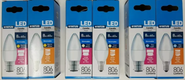 Status 8w=60w Dimmable LED Candle Light Bulbs B22 BC E14 SES Warm/Cool/Day White