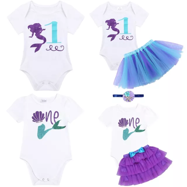 Baby Girls Mermaid Romper+Tutu Skirt Outfit My 1st Birthday Party Clothes Set