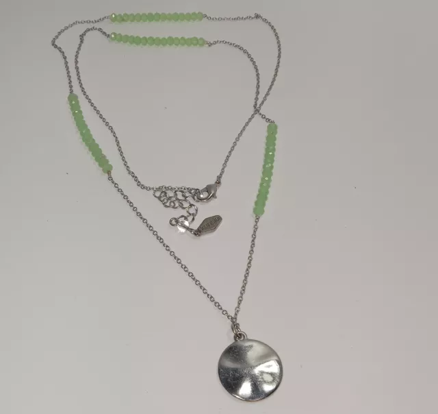 Kensie Necklace Long Chain W/ Light Green Faceted Beads Wavy Disk Pendant