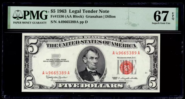 UNITED STATES 1963 $5 Legal Tender Note. FR Number: 1536. PMG Graded: 67 PPQ.