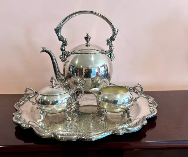 Vintage Silver Plated Tea Set: Tea Pot, Sugar Bowl, Creamer and Round Tray