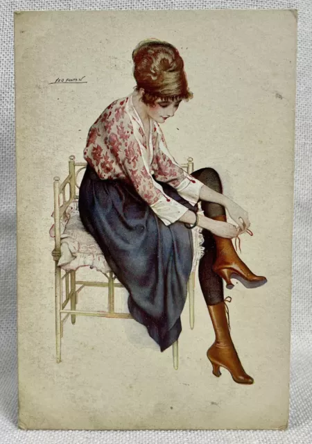 Artist Leo Fontan French Postcard ‘Les bottines jaunes’ Lacing Boots Risqué 1900