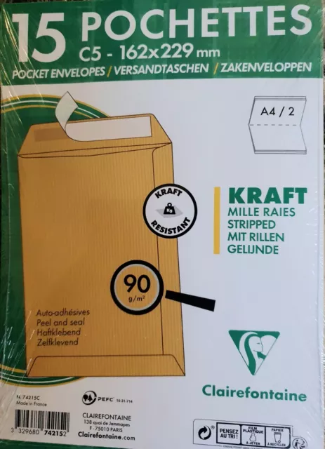 15 enveloppes - Kraft brun - C5 162x229mm - Auto-adhésive - lot Clairefontaine