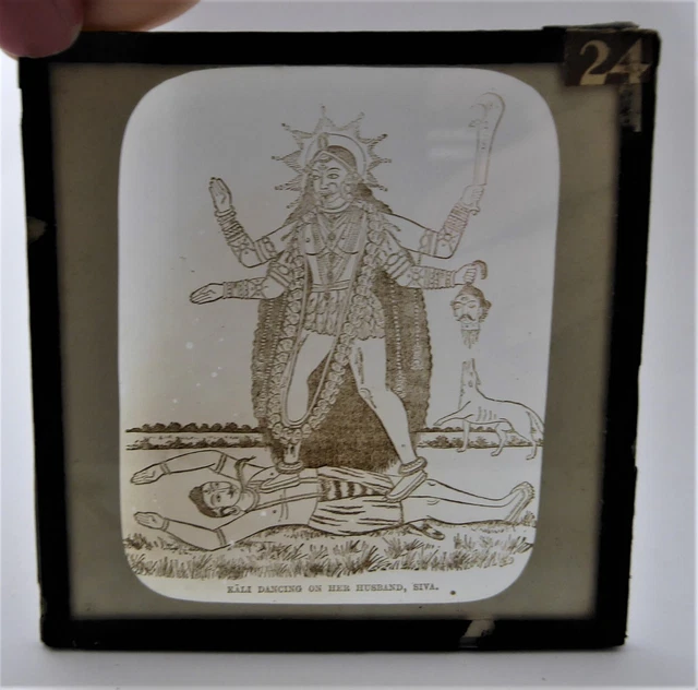 Antike magische Laterne Rutsche Sepia Bild Hindu Göttin Kali tanzt auf Lord Shiva