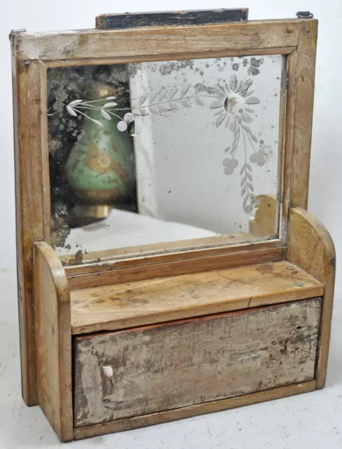 Antique en Bois Tenture Murale Miroir Cadre Avec Original Vieux Main Forgé