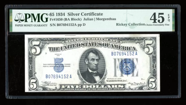 DBR 1934 $5 Silver Fr. 1650 BA Block PMG 45 EPQ Serial B07694152A