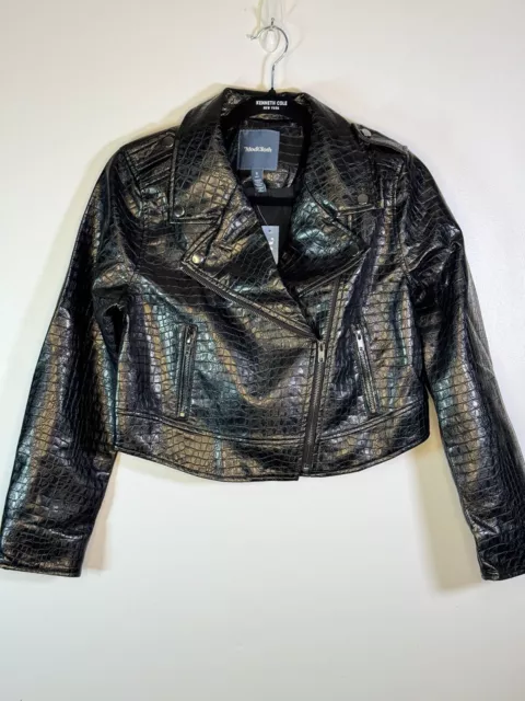 ModCloth Crocodile Black Faux Vegan Leather Moto Biker Crop Jacket Sz Small NWT