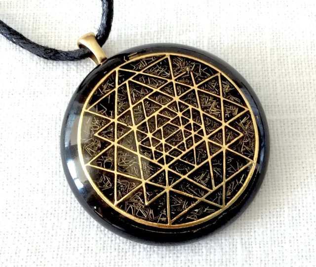 Orgone Pendant Necklace golden Sacred Geometry Sri Yantra & Shungite EMF PROTECT