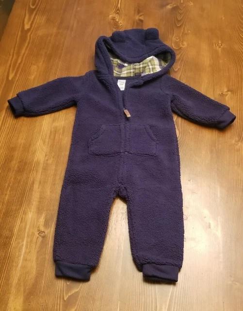 Carters Baby Boy Fleece Coverall Navy Green Plaid Hood 12 Months Jumpsuit Romper