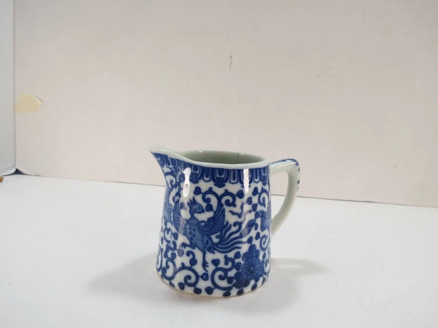 Phoenix Flying Turkey Dragon Blue White Creamer Pitcher Japan, Vintage Size 3" Phoenix Flying Turkey Dragon Blue White Creamer Pitcher Japan, Vintage Size 3"
