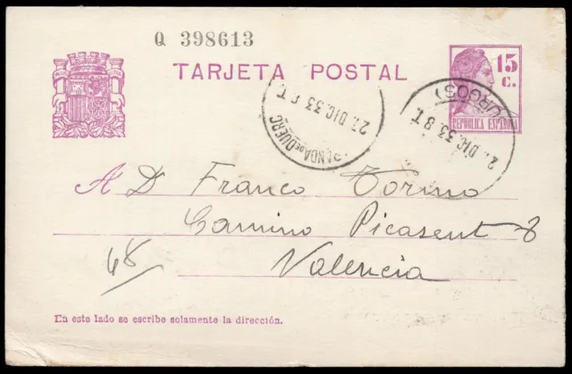 Burgos - Edi o EP 69 - Entero postal Mat "Aranda de Duero 27/12/33"