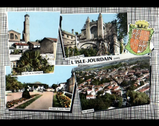 L'ISLE JOURDAIN (32) KIOSQUE à musique, CHATEAU de PANAT & Vue aérienne en 1968