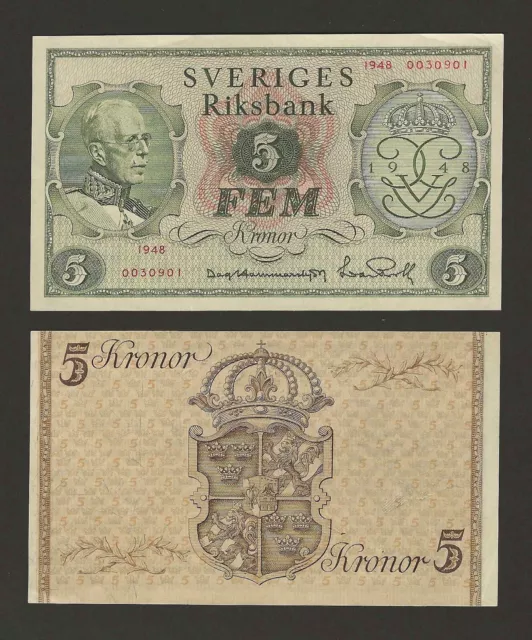 SWEDEN 5 Kronor 1948, P-41a, King Gustav V Commemorative, Original aUNC Grade.