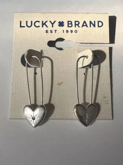 Lucky Brand Women's Heart Safety Pin Pave Detail Earrings  Silver  One Size