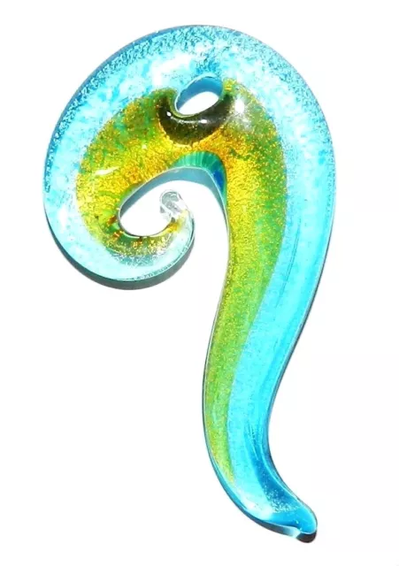 P2018 Blue w Gold & Silver Foil 74mm Long Swirl Squiggle Lampwork Glass Pendant