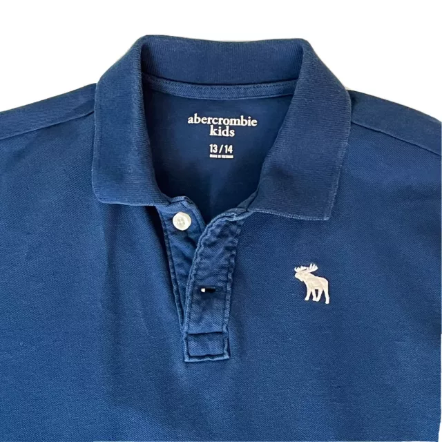 Abercrombie Kids Polo Shirt Boys Size 13/14 Blue Sleeve Moose Embroidered Logo