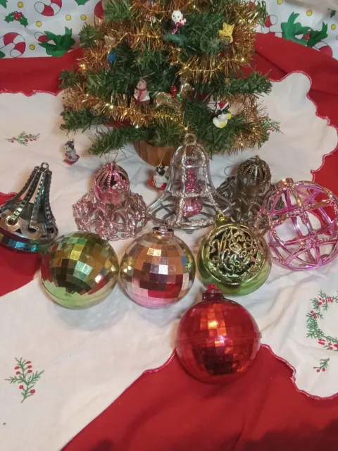 Mid Century Group of 7 Plastic Ornaments Disco Ball, Bells, Stripe