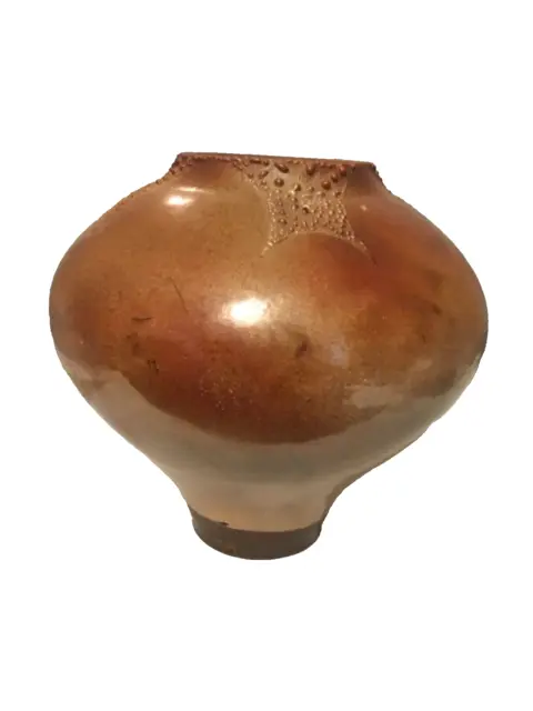 Signed Hand Thrown Brutalist Raku Art Pottery Burnt Orange Iridescent Vase 7.5”