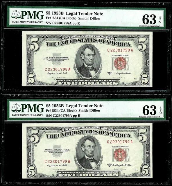 (2) 1953 B United States Red Seal $5 Notes Fr. #1534 Pmg Choice Unc 63 Epq