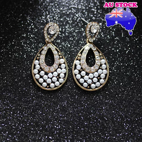 Wholesale Bohemian Gold Tone Clear Crystal Pearl Tear Drop Dangly Earrings