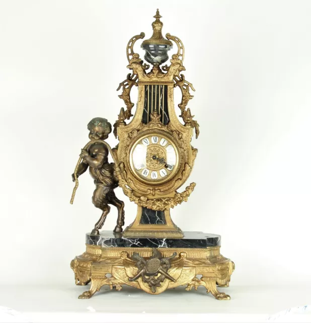 Imperial Lancini / Franz Hermle Gilded Bronze & Marble Mantle Clock with Faun