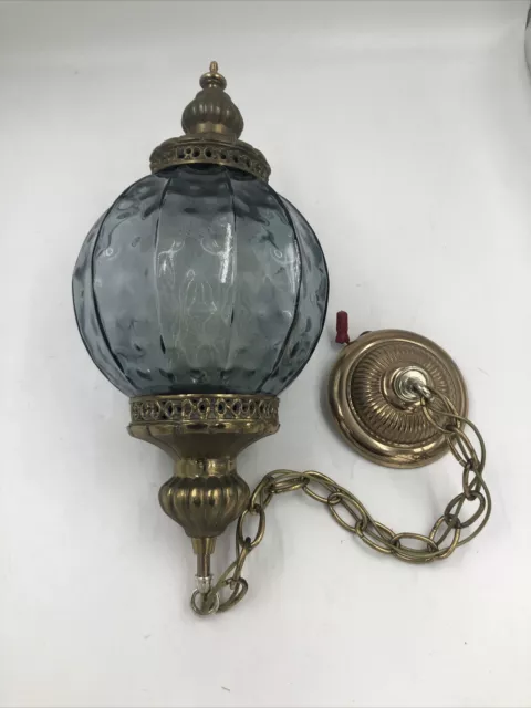 Vintage Mid Century Globe Hanging Swag Lamp Light Chain Pendant Orb Rare Blue