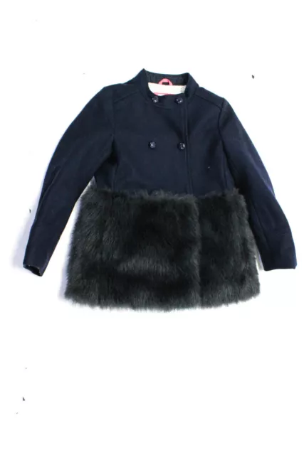 Crewcuts Girls Wool Faux Fur Trim Double Breasted Pea Coat Navy Blue Size 10