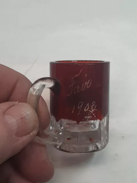 RARE 1908 RUBY FLASH GLASS ETCHED FAIR SOUVENIR MINI GLASS MUG "Glenn" AS FOUND