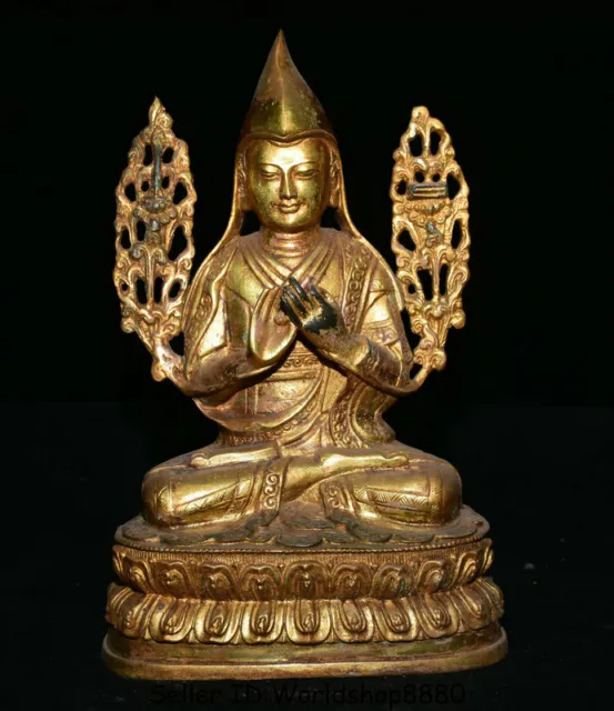 9.2" Old Tibet Buddhism Copper Gilt Je Tsongkhapa Master Buddha Statue Sculpture