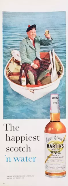 PRINT AD Martins Original VVO Scotch Whisky Water 1960 5x13 Man Rowboat Kilt
