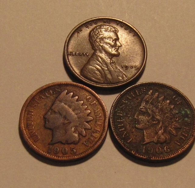 1909 VDB Lincoln & 1905 1906 Indian Head Cent Penny - Mixed Condition - 101SA