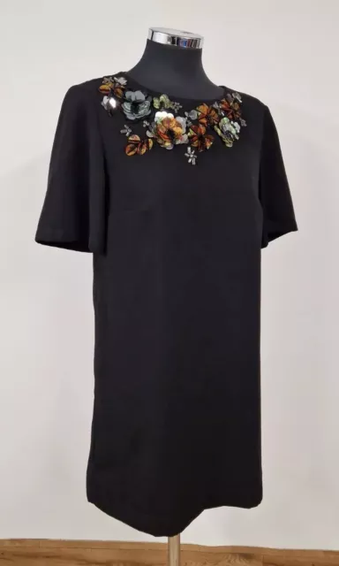 French Connection sequin dress size 10 black floral beaded short sleeve shift