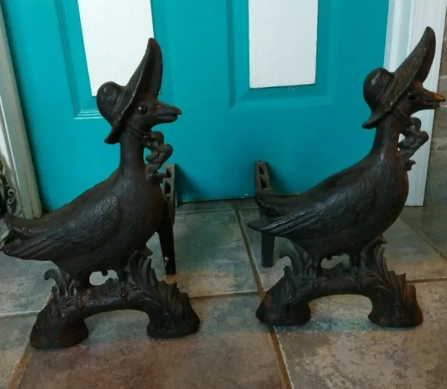 Beautiful Mother Goose Andirons Cast Iron about 15" Tall Very Good condition