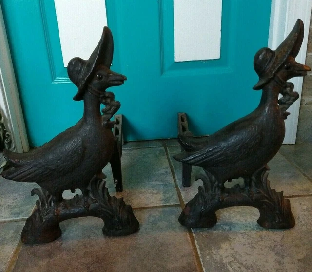 Beautiful Mother Goose Andirons Cast Iron about 15" Tall Very Good condition