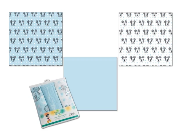 Dinsey Mickey Mouse Set Of 3 Muslin Square Washable Baby Clothing Nappie Burping