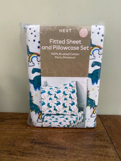 NEXT Party Dinosaur fitted sheet & pillowcase Set SINGLE 100% Cotton -  BNIP