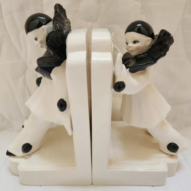 Vintage French Pierrot Harlequin Clown Pair of Ceramic Bookends Art Deco Signed