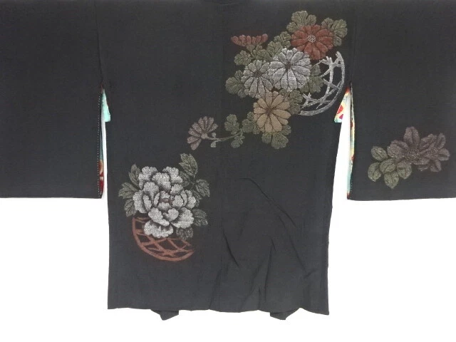 40959# Japanese Kimono / Antique Haori / Flower Basket / Urushi