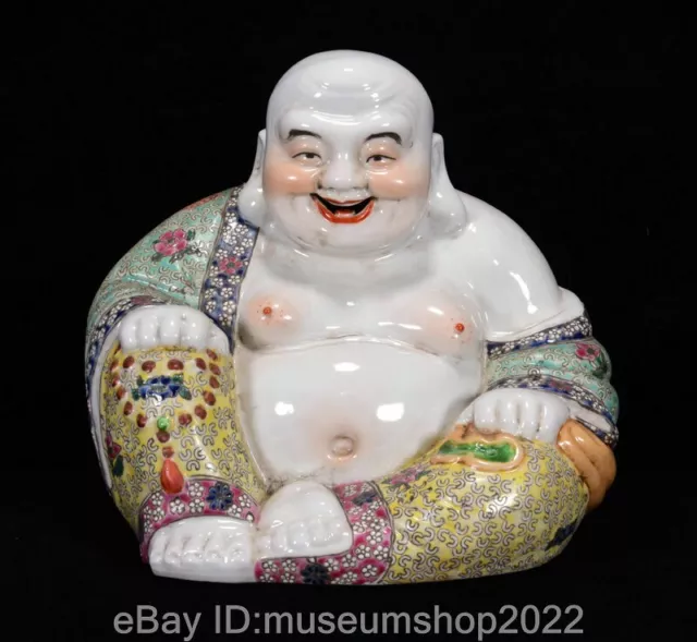10" Old Chinese Dynasty Famile Rose Porcelain Happy Laugh Maitreya Buddha Statue