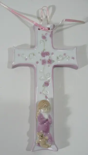 Ceramic Wall Cross Girl Praying with Pink Ribbon Decor Religious Easter Gift