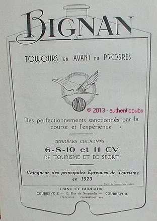 Publicite Automobile Bignan Les 6 8 10 Et 11 Cv Tourisme Sport De 1924 French Ad