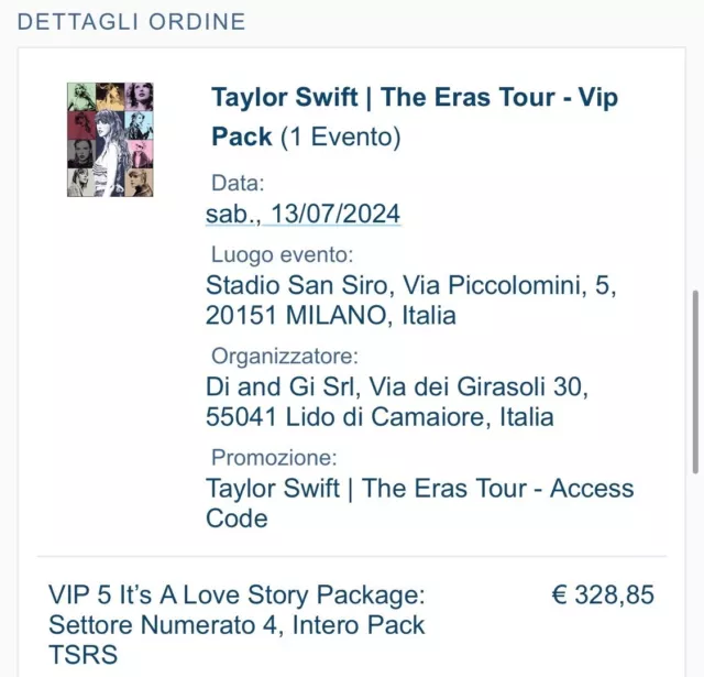 BIGLIETTO TAYLOR SWIFT Milano 13 luglio 2024 VIP 5 EUR 420,00