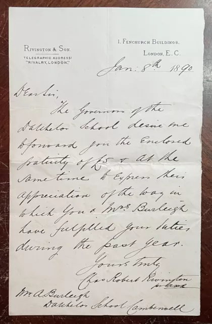 1890 Rivington & Son, Solicitors, 1 Fenchurch Buildings, London Letter