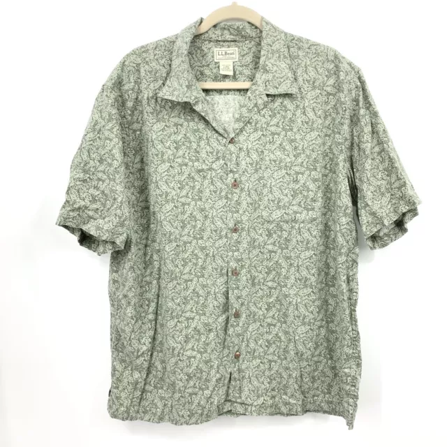 LL Bean Men Large Shirt Button Down Top Short Sleeve Green Leaf Printed Cotton