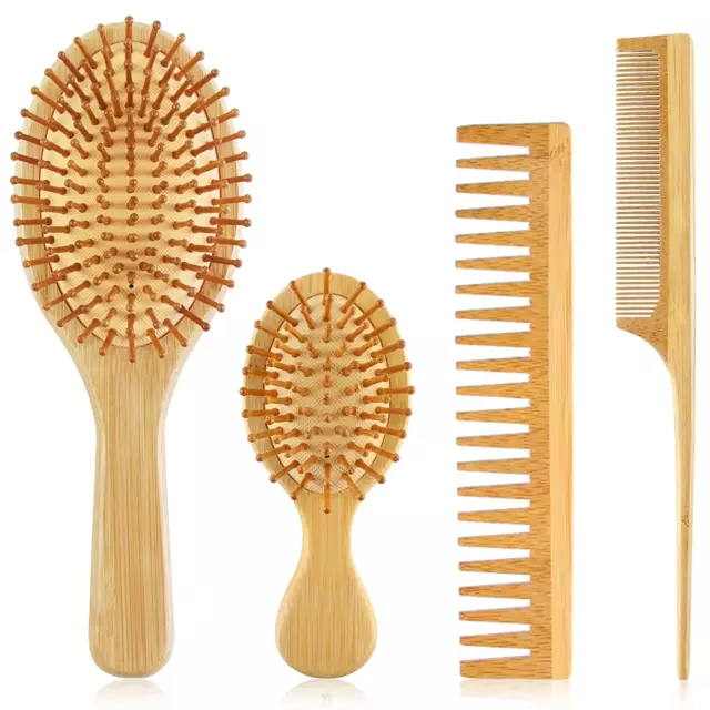 4 PCS Bamboo Hair Brush Set with Natural Wooden Wide-Tooth and Tail Comb Big and